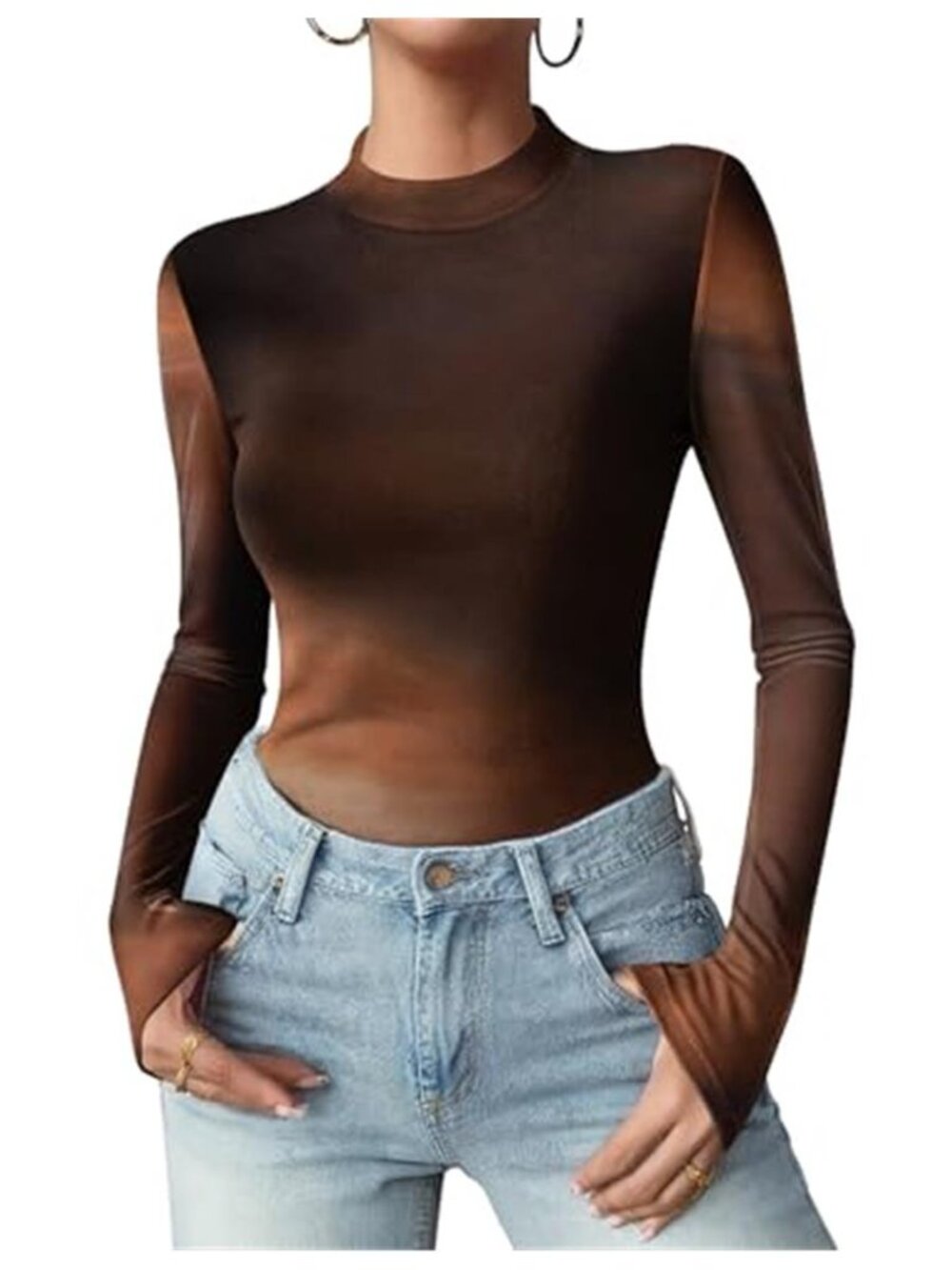 Women's Floral Mesh Top Sheer Mock Neck Long Sleeve Going Out Blouse